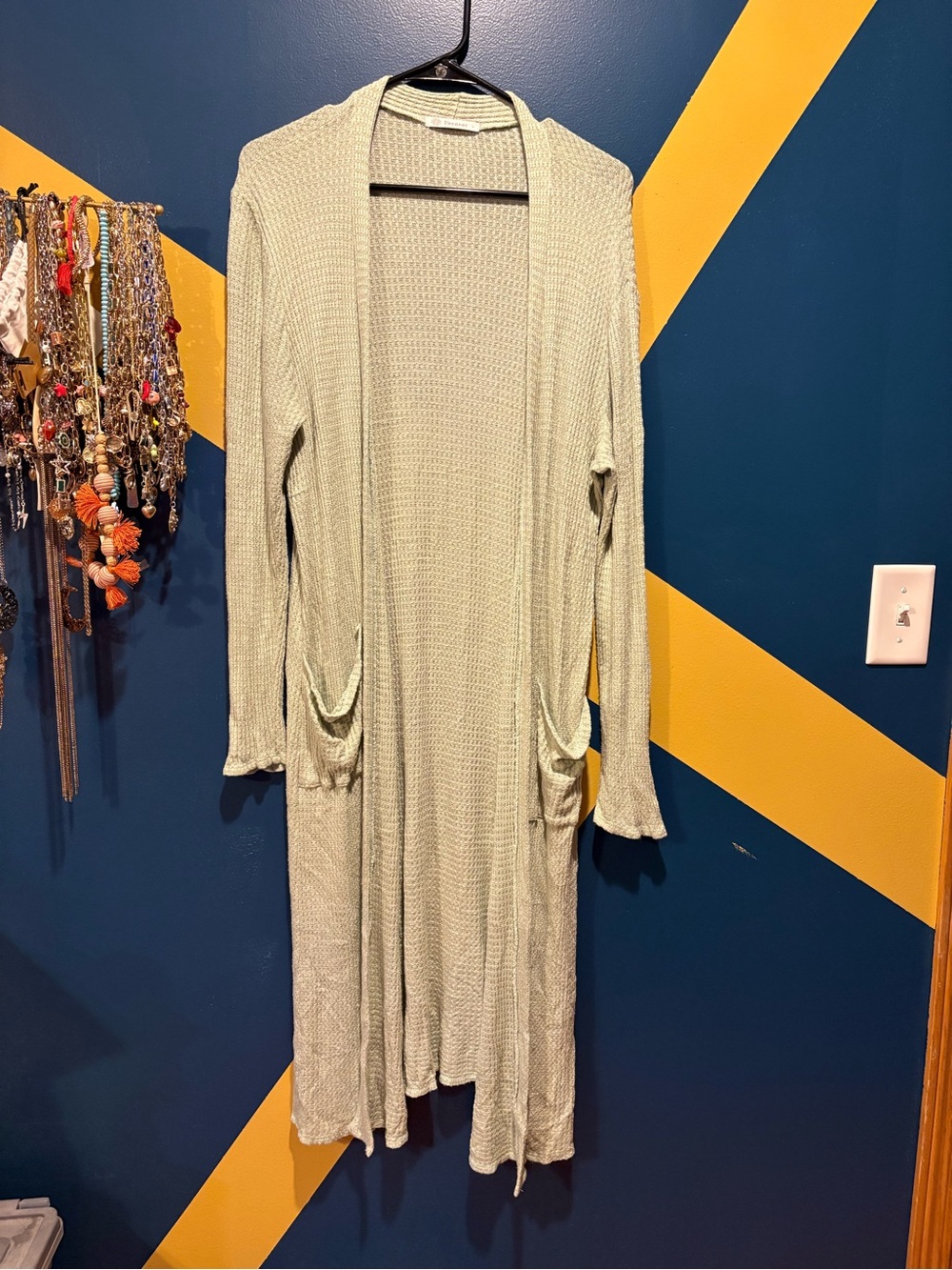 Vervet Sage Green Lightweight Waffle Knit Duster Cardigan EUC